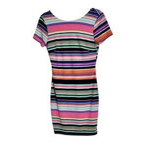 Retro 90's style Multi Striped Bodycon Mini Dress Scoop Back Stretch Women's Med